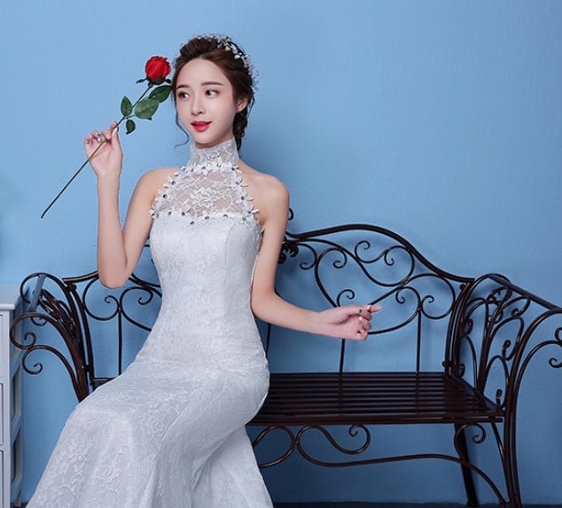Big Red Wedding Dress Bride Large Size Waist Fishtail Wedding Dress Fishtail Tail Korean Hanging Neck - RICALOUX