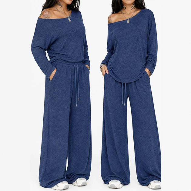 Womens Casual Loose-Fit Off-Shoulder Wide-Leg Pants Set by Ricaloux