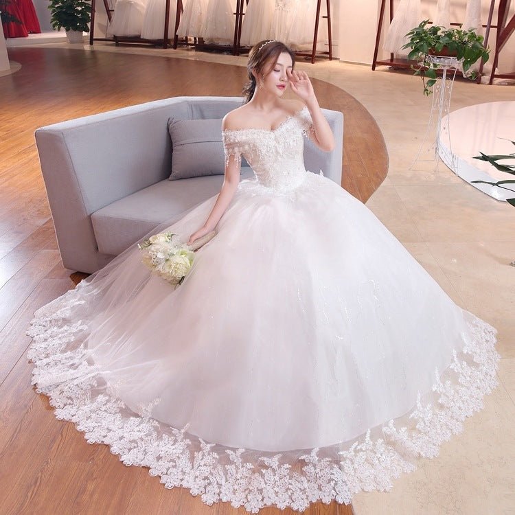 Shoulder-to-shoulder Wedding Dress Bridal Lace Plus Size Thin Shoulder Wedding Dress - RICALOUX