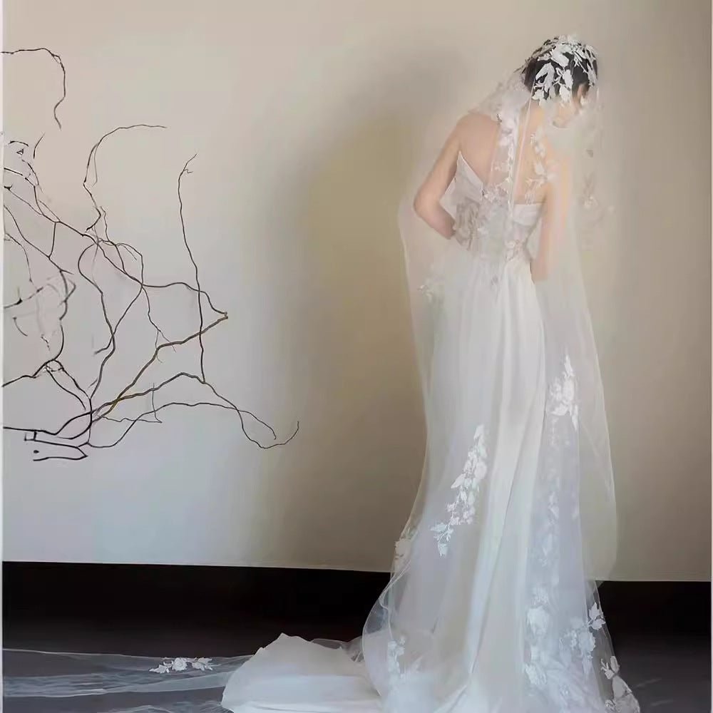 Satin Lace Wedding Veil Tube Top Fishtail Wedding Dress - RICALOUX