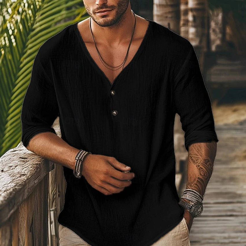 Men's V-neck Lapel Long-sleeve Shirt by Ricaloux