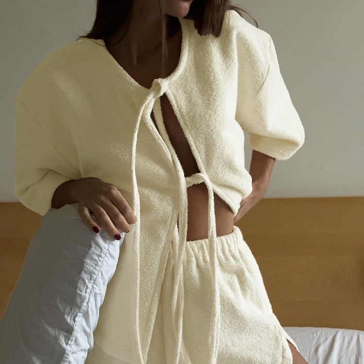 Terry Cloth Tie Front Short Sleeve Jacket & Elastic Waist Casual Shorts 2-Piece Loungewear Set – Premium 4 | RICALOUX
