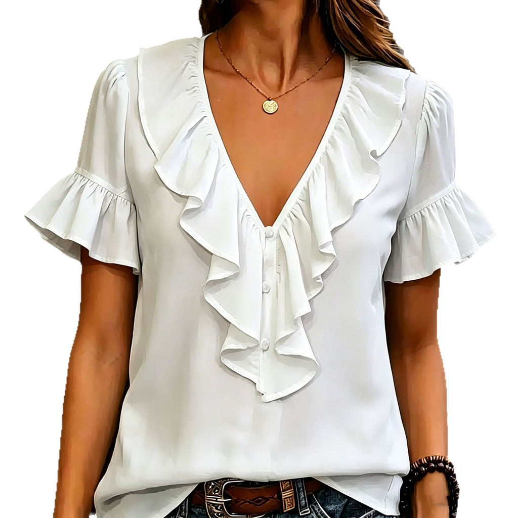Womens Short-Sleeved T-Shirt With Ruffled Hem And V-Neck by Ricaloux