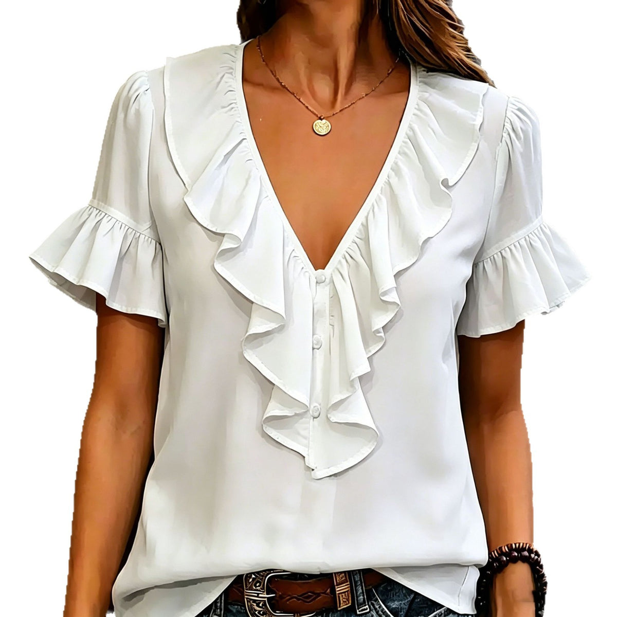 Womens Short-Sleeved T-Shirt With Ruffled Hem And V-Neck by Ricaloux