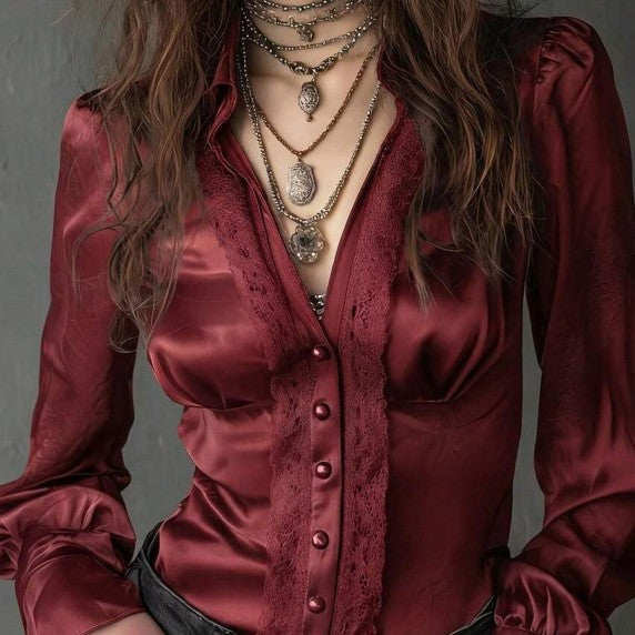 Womens Satin Long-sleeve Shirt With A Turn-down Collar by Ricaloux