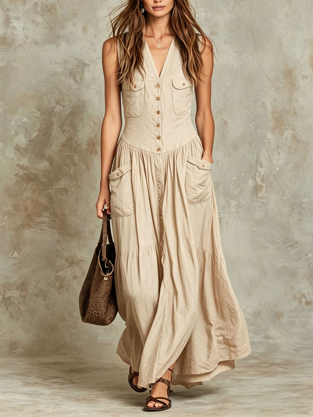 Relaxed-fit Sleeveless Casual V-neck Vintage Dress With Buttons by Ricaloux