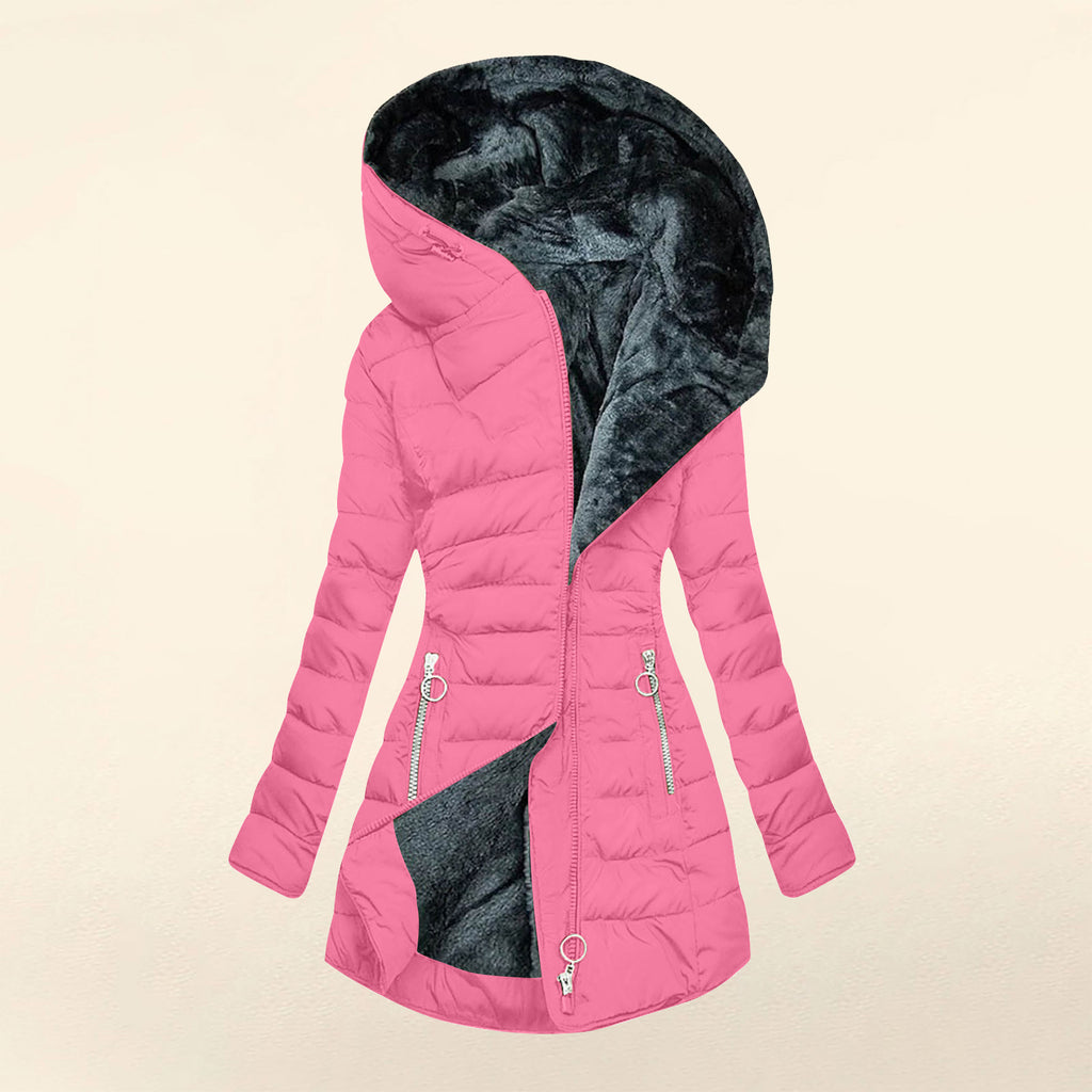 Women's Plush Hooded Mid-length Oblique Zipper Cotton-padded Coat - RICALOUX