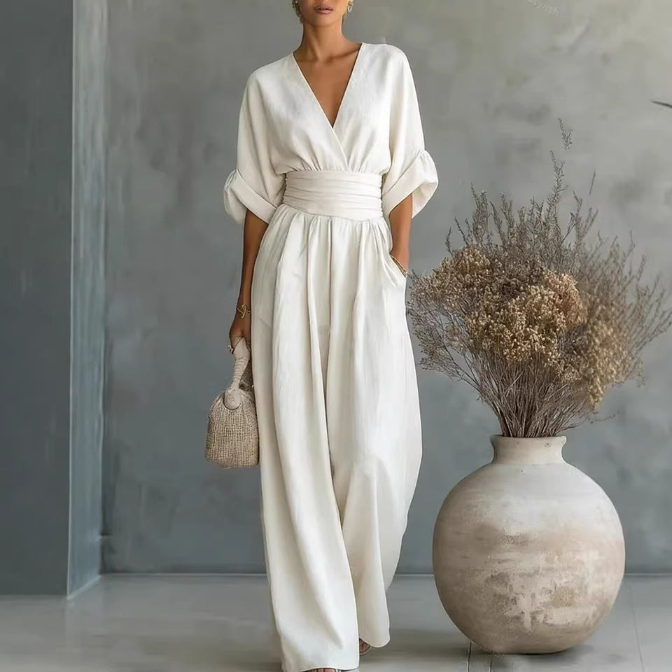 Elegant Deep V Neck Waist Wrap Sleeve Wide Leg Floor Length Jumpsuit – Premium 4 | RICALOUX