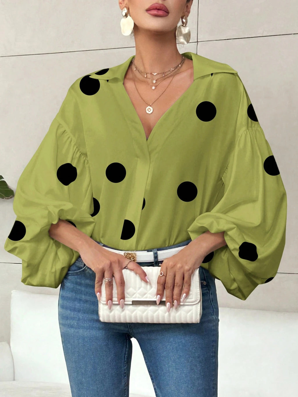 Niche Fashionable French Polka Dot Half-open Collar Design Loose Bubble Long Sleeve Top - RICALOUX