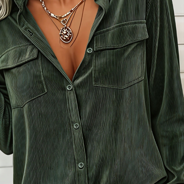 V-neck Button Down Corduroy Shirt by Ricaloux
