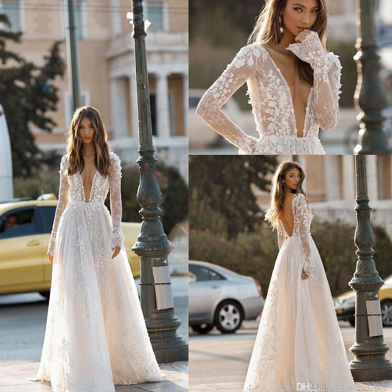 Women's Wedding Dress Lace Long Sleeve Dinner Party Gown - RICALOUX