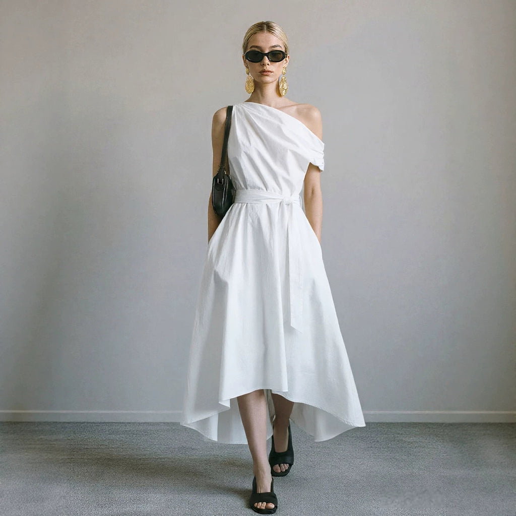 Irregular Hem Off-the-shoulder Waist-cinching Lace-up Elegant Womens Dress – Premium 0 | RICALOUX