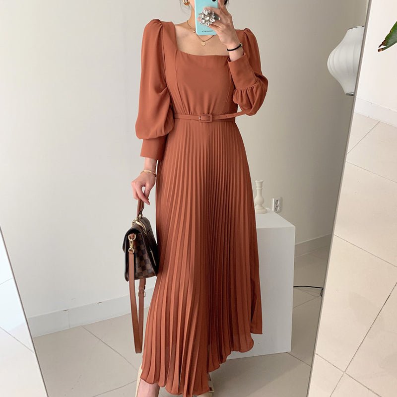 Square Collar Slim Waist Lantern Sleeve Long Pleated Dress - RICALOUX