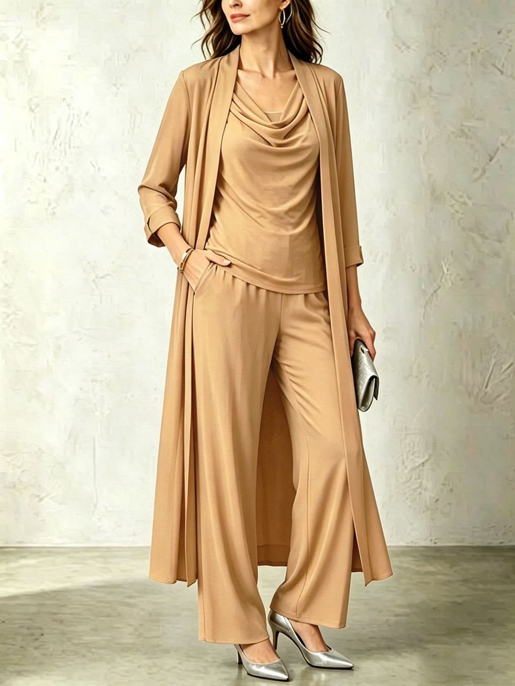 Womens Long Cardigan Jacket And Pants Three-piece Set by Ricaloux