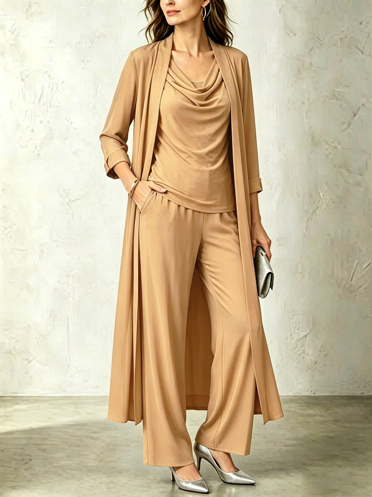 Womens Long Cardigan Jacket And Pants Three-piece Set by Ricaloux