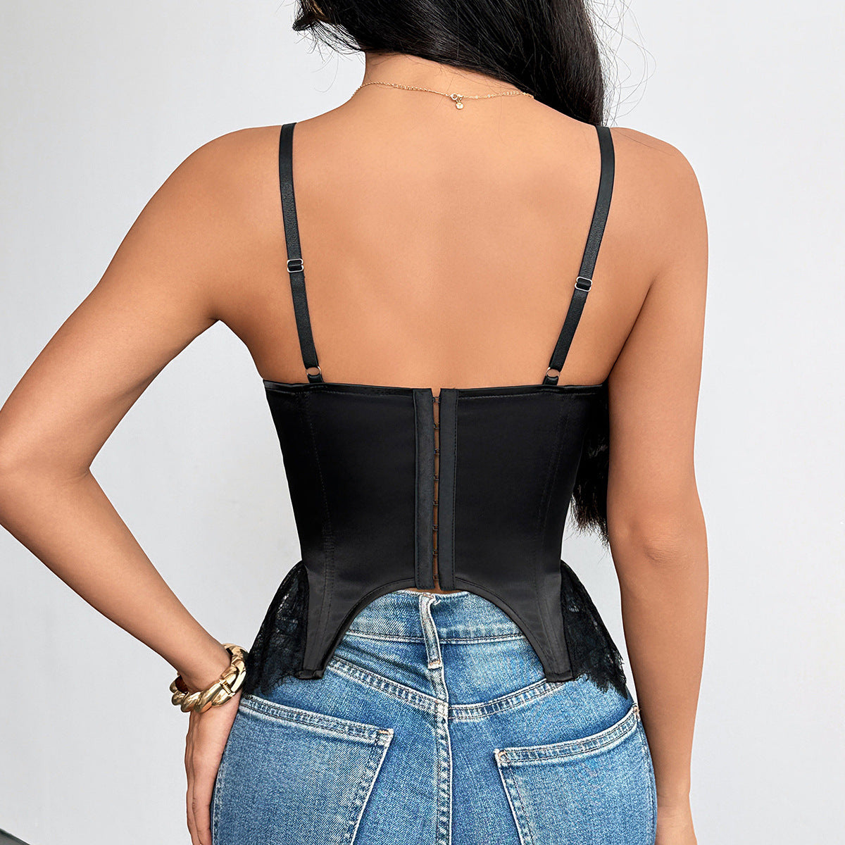New Arrival Matte-Satin Lace-Panel Slimming Underwire Boning Strap Top For Women by Ricaloux