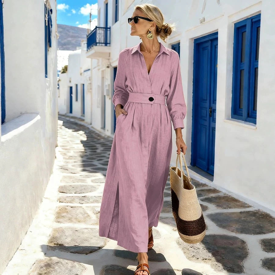 Womens Long-sleeve Slit Lapel Blouse Dress by Ricaloux