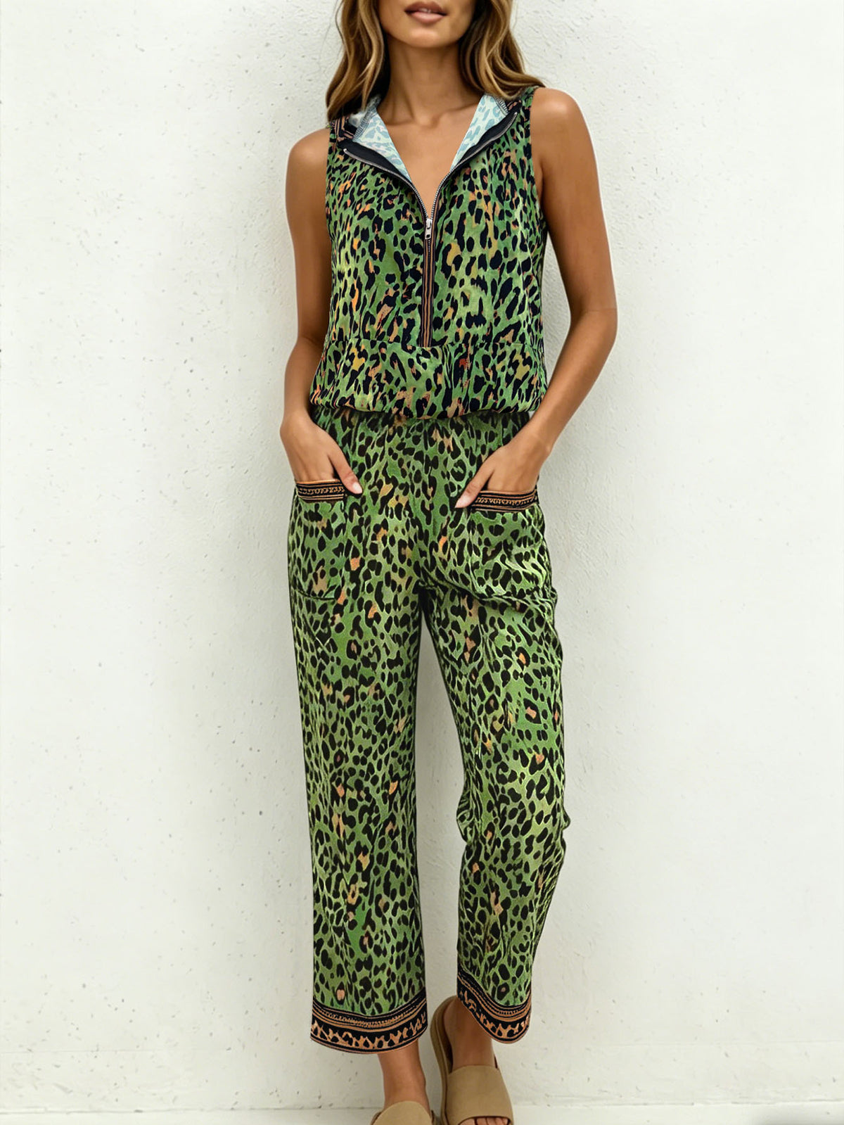 Summer Leopard Print Hooded Sleeveless Vest & Wide-Leg Pants Set With Pockets by Ricaloux
