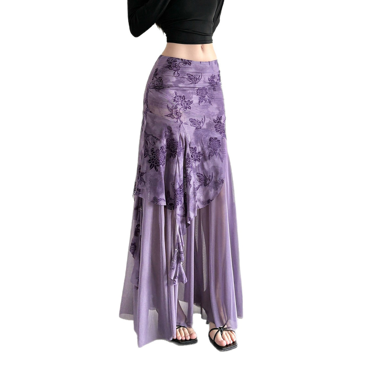 Irregular Purple Floral-print Mesh Patchwork Skirt by Ricaloux