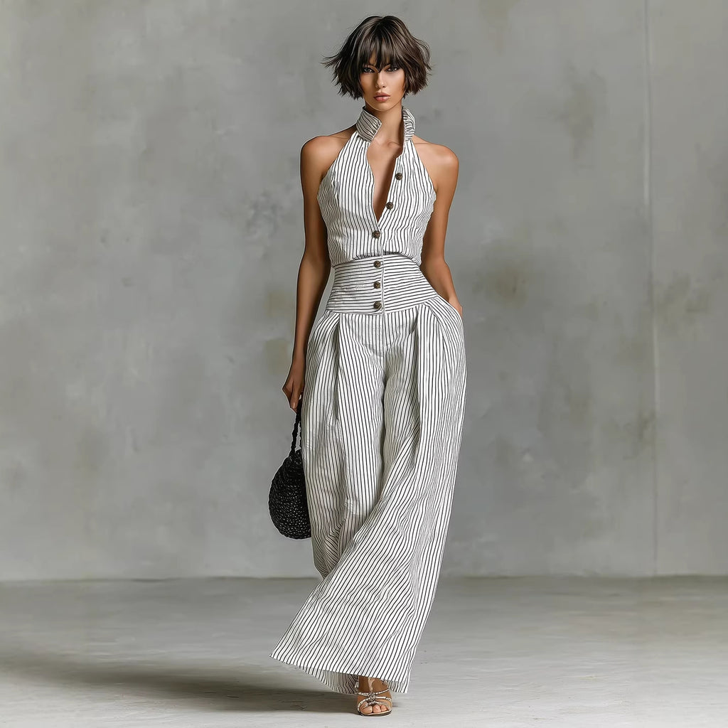 Button-front Sleeveless Shirt High-waisted Wide-leg Slim-fit Jumpsuit by Ricaloux