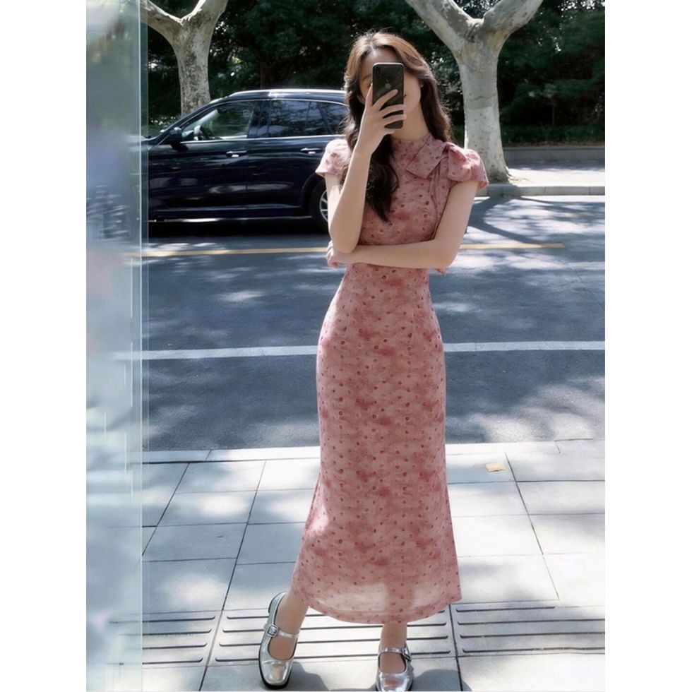 Elegant Polka-dot Bow Cheongsam Dress For Women by Ricaloux
