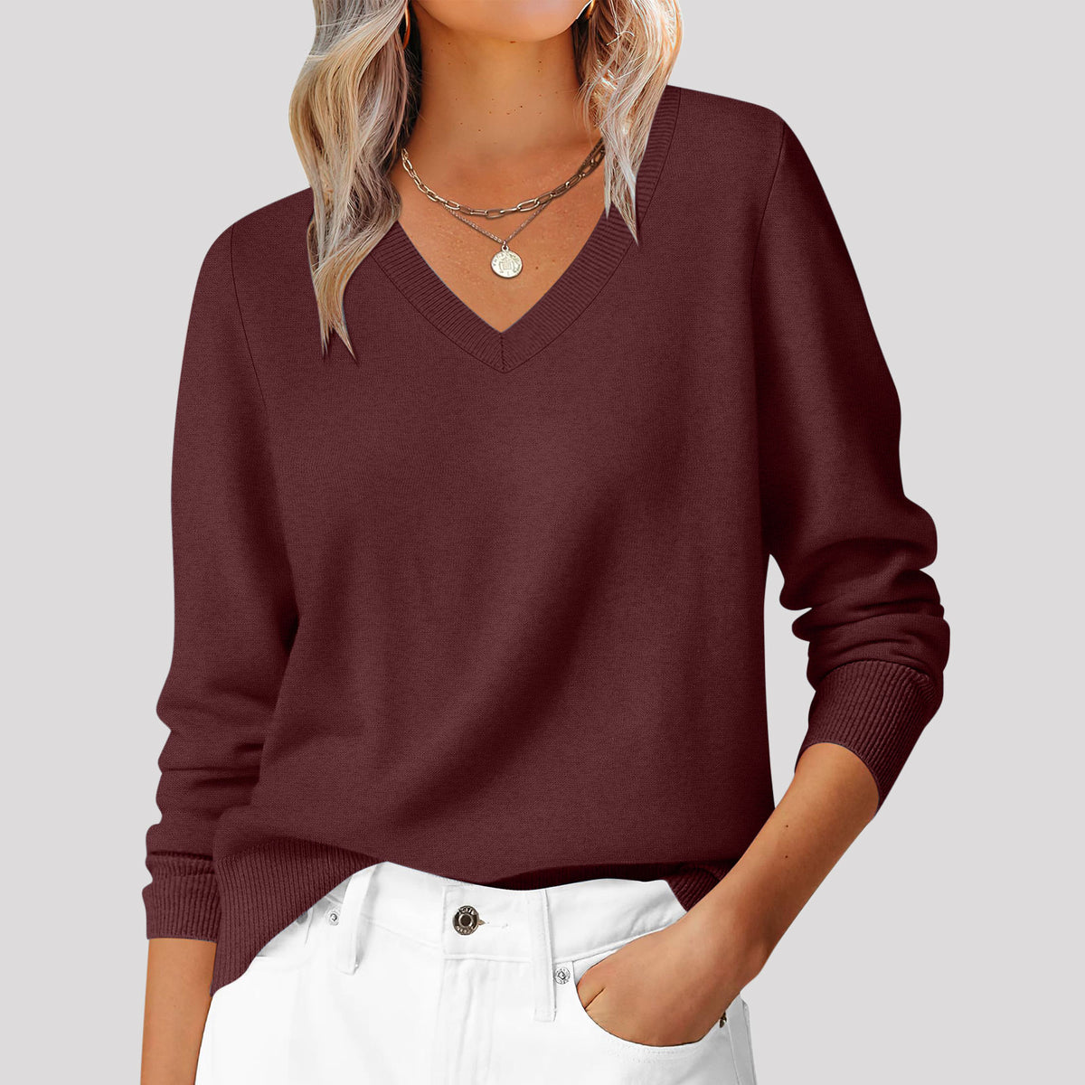 Autumn And Winter New Versatile Loose Casual Solid Color Temperament Commuting V-neck Pullover Women's Top by Ricaloux