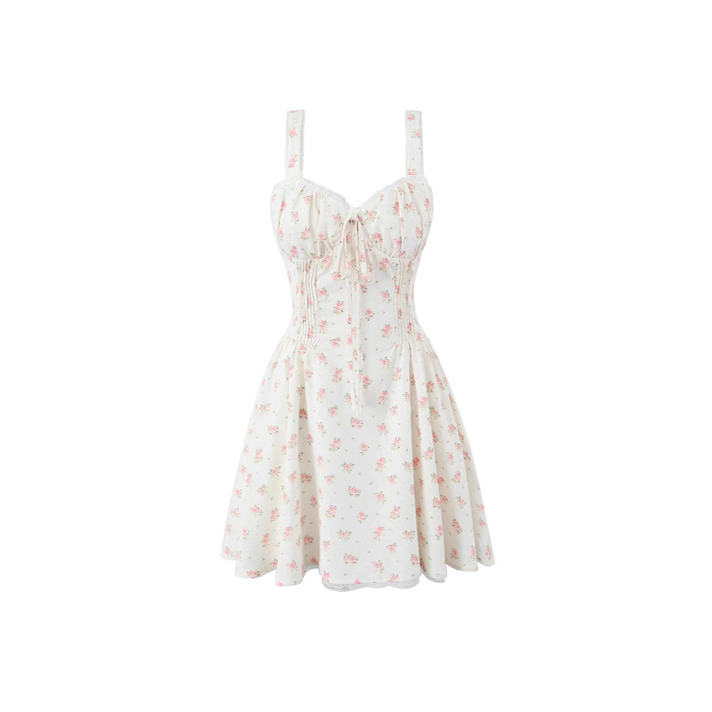 Floral Lace-trimmed Pleated Waist-cinching Dress by Ricaloux