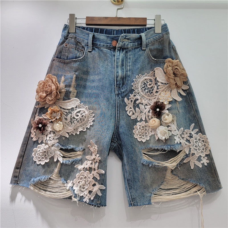 Lace-floral Patchwork, Brushed-texture Distressed Denim Shorts With Rhinestones And A Back Elastic Waist by Ricaloux