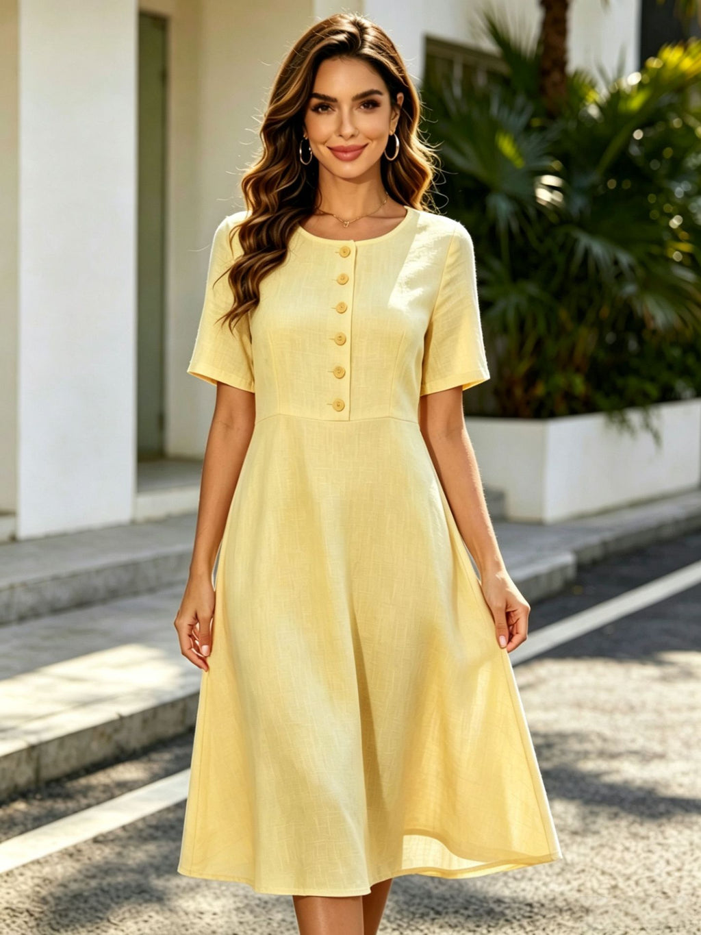 Elegant Round-neck Short-sleeve Buttoned A-line Dress With A Fitted Waist For Workwear by Ricaloux