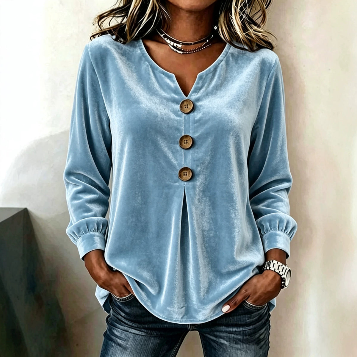 Elegant V-neck Buttoned Long-sleeve Velvet Blouse For Women by Ricaloux