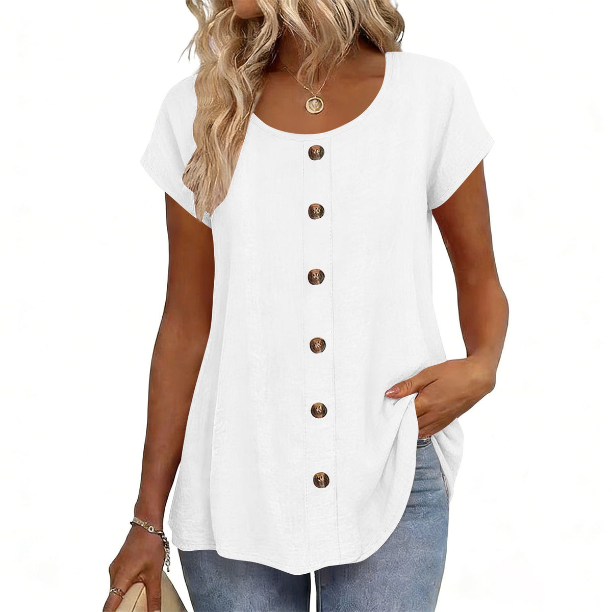 Womens Elegant And Fashionable Solid-color Round-neck Short-sleeve Top by Ricaloux