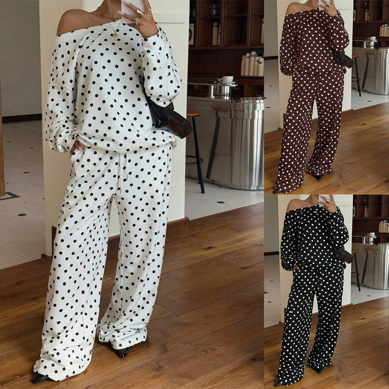 Polka-dot Print Long-sleeve Pants Casual Loose-fitting Set by Ricaloux