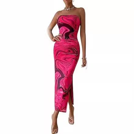 Women's Clothing Slit Hemline At Hem Sleeveless Printed Dress - RICALOUX