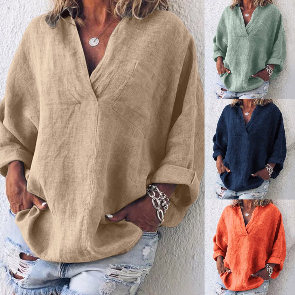 Women's Large Size Solid Color Imitation Cotton And Linen V-neck Long-sleeved Pullover Top - RICALOUX