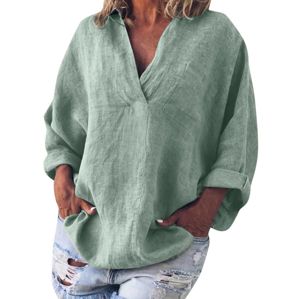 Women's Large Size Solid Color Imitation Cotton And Linen V-neck Long-sleeved Pullover Top - RICALOUX