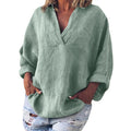 Women's Large Size Solid Color Imitation Cotton And Linen V-neck Long-sleeved Pullover Top - RICALOUX