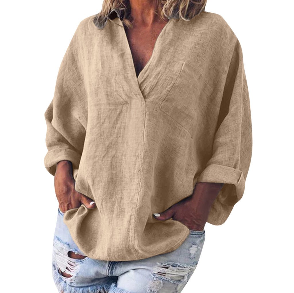 Women's Large Size Solid Color Imitation Cotton And Linen V-neck Long-sleeved Pullover Top - RICALOUX