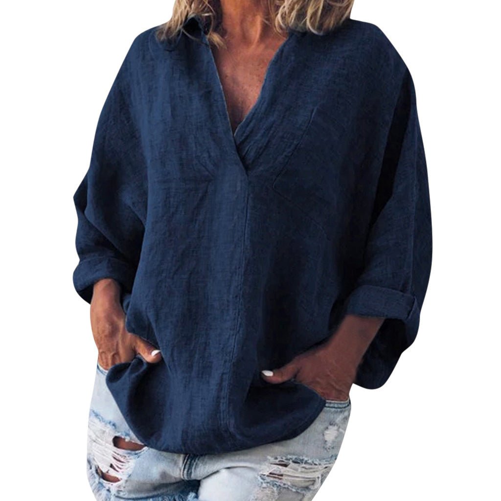 Women's Large Size Solid Color Imitation Cotton And Linen V-neck Long-sleeved Pullover Top - RICALOUX