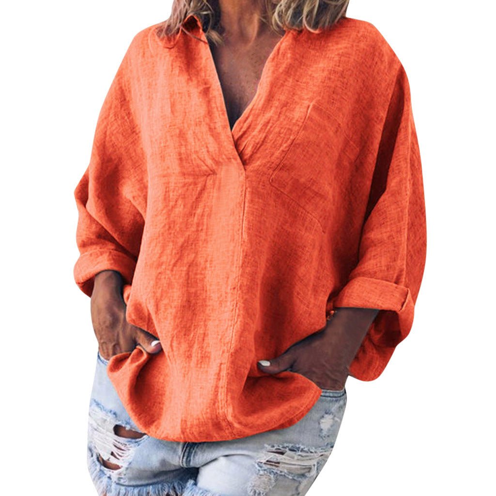Women's Large Size Solid Color Imitation Cotton And Linen V-neck Long-sleeved Pullover Top - RICALOUX