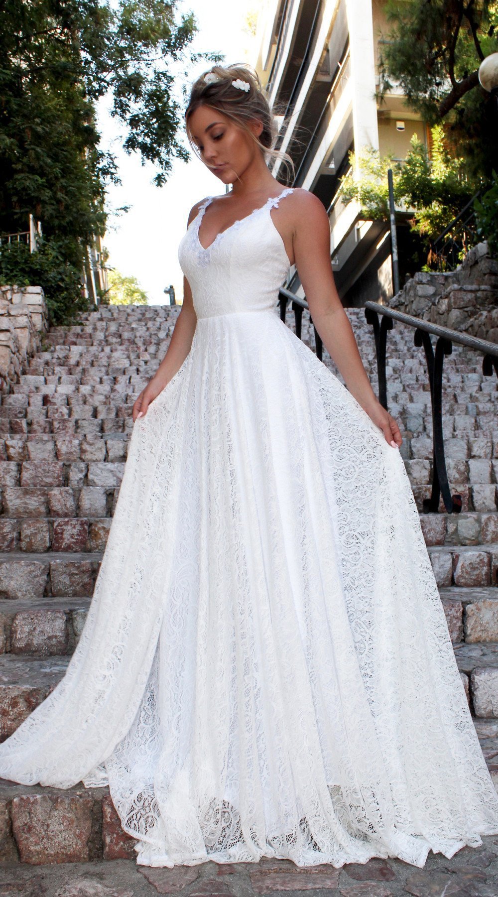 V-neck sling lace dress - RICALOUX