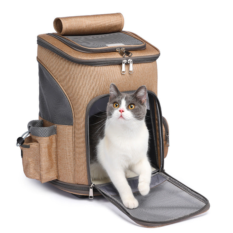 Portable Folding Trolley Pet Backpack Traveling Cat Backpack With Universal Wheel Trolley Pet Bag by Ricaloux