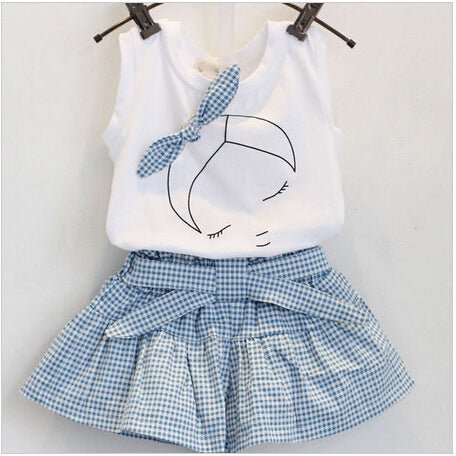 AiLe Rabbit Girls Fashion Clothes Set Short Sleeve Shirt Short Skirt 2 Piece Suits Cartoon Girl Bow Cotton Kids Clothes Set k1 - RICALOUX