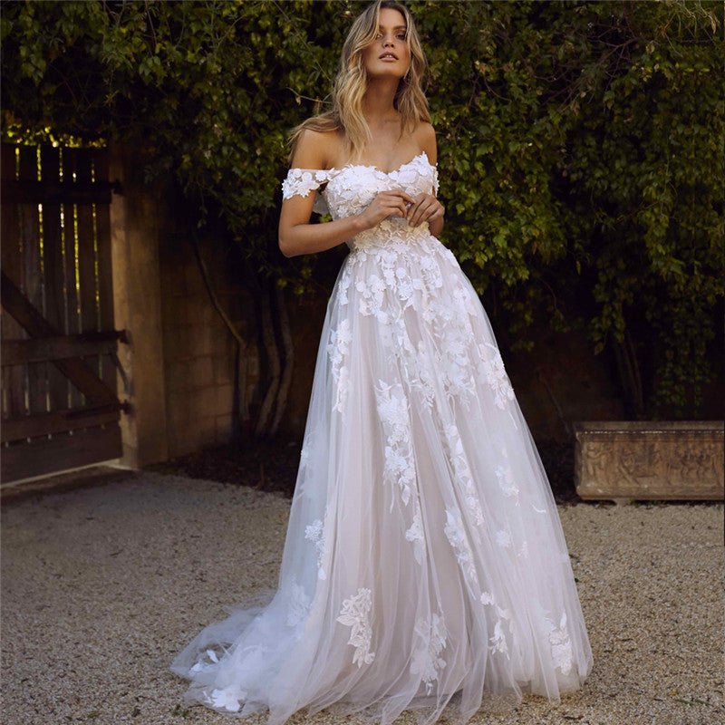 Lace Wedding Dresses Off The Shoulder Appliques A-Line Bride Dress Princess Wedding Gown Bridal Dress - RICALOUX