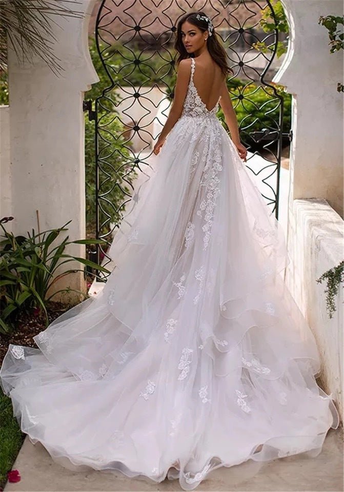 New Slim And Deep V Suspender Light Wedding Dress - RICALOUX