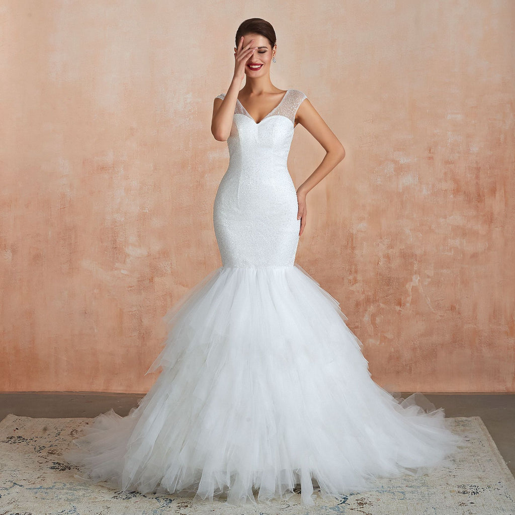 New Fishtail Skirt Wedding Dress Big Tail Bride Female Lead Yarn Mermaid Waist Backless V-Neck Customization - RICALOUX