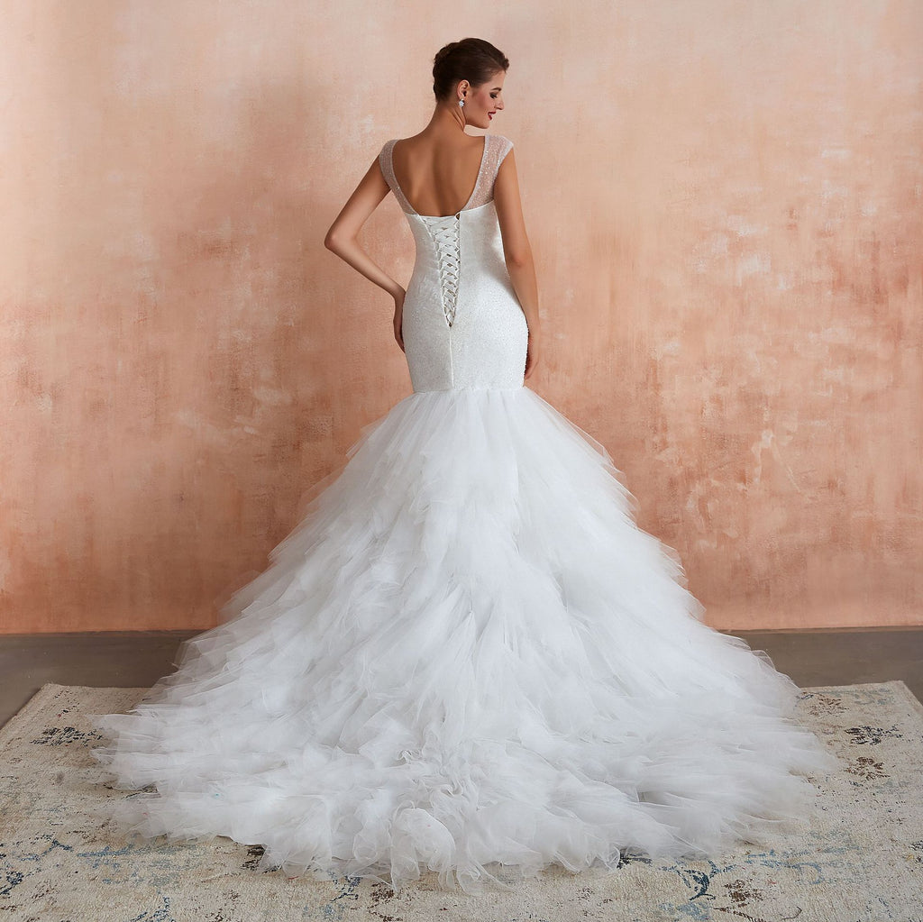 New Fishtail Skirt Wedding Dress Big Tail Bride Female Lead Yarn Mermaid Waist Backless V-Neck Customization - RICALOUX