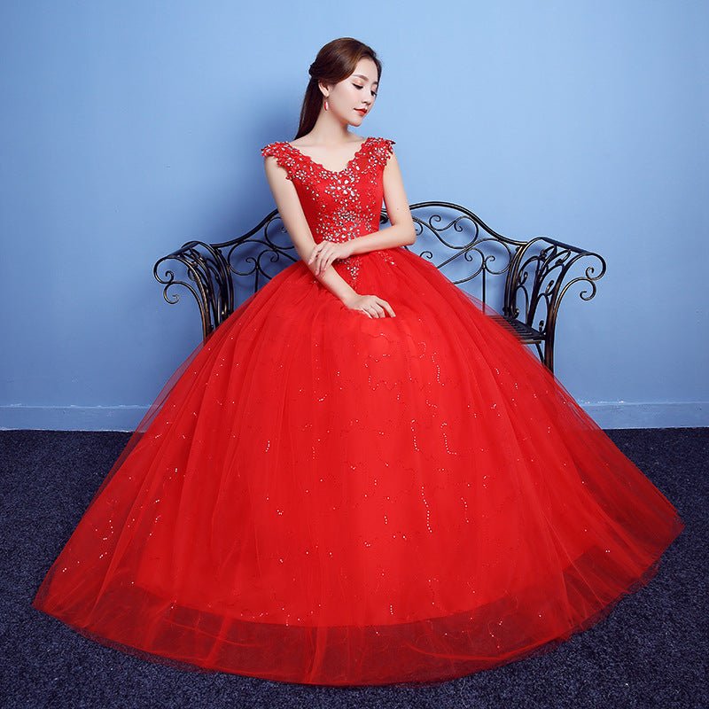 Red Double Shoulder Diamond Lace Wedding Dress - RICALOUX