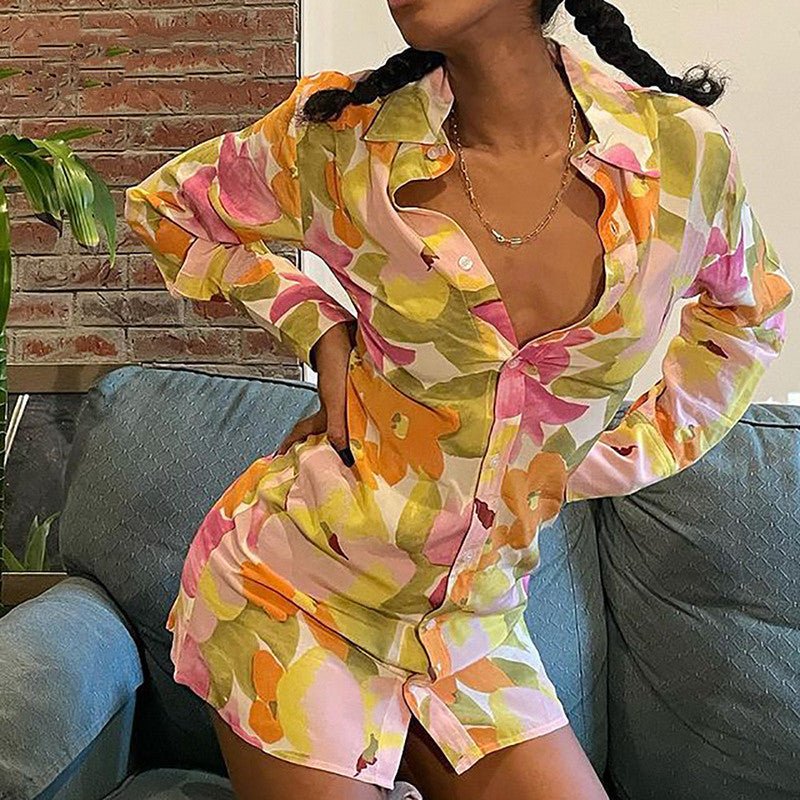 Floral Print Long Sleeve Shirt Dress Women V Neck Dress - RICALOUX