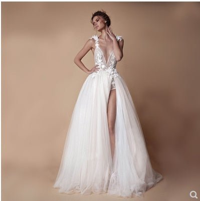 Angel Wedding Dress, Diamond Lace Collar, High Slit Bridal Tail, Open Back Light Wedding Dress - RICALOUX
