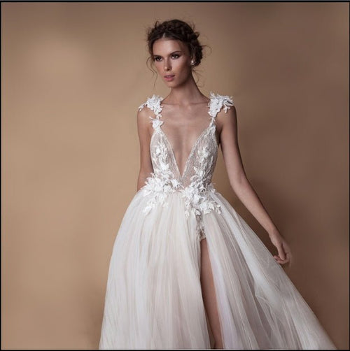 Angel Wedding Dress, Diamond Lace Collar, High Slit Bridal Tail, Open Back Light Wedding Dress - RICALOUX
